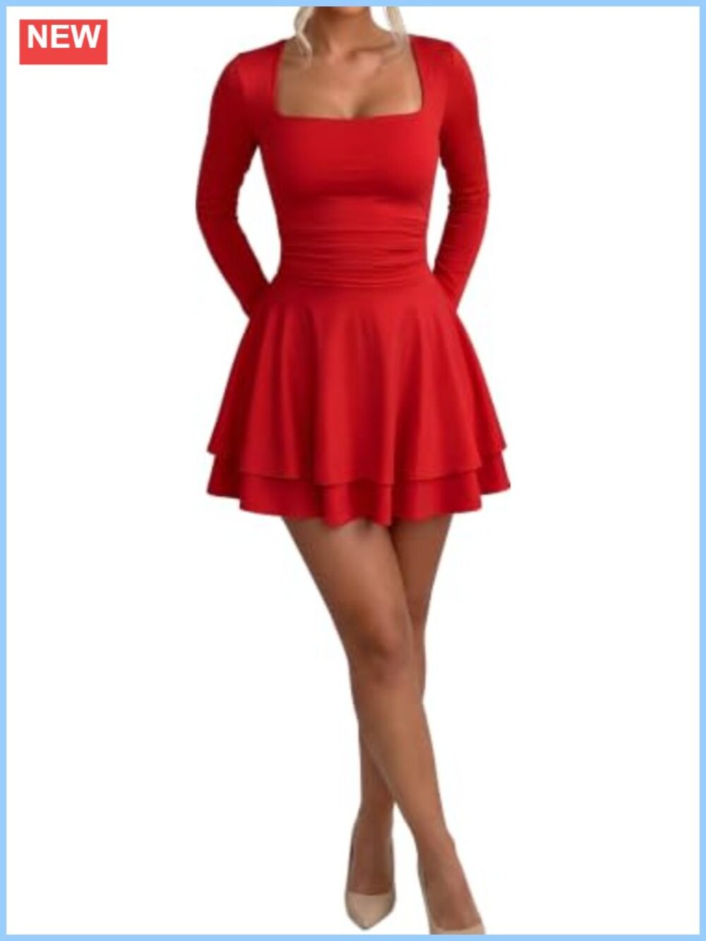 Women's A-Line Tiered Ruffle Hem Square Neck Long Sleeve Mini Party Dress